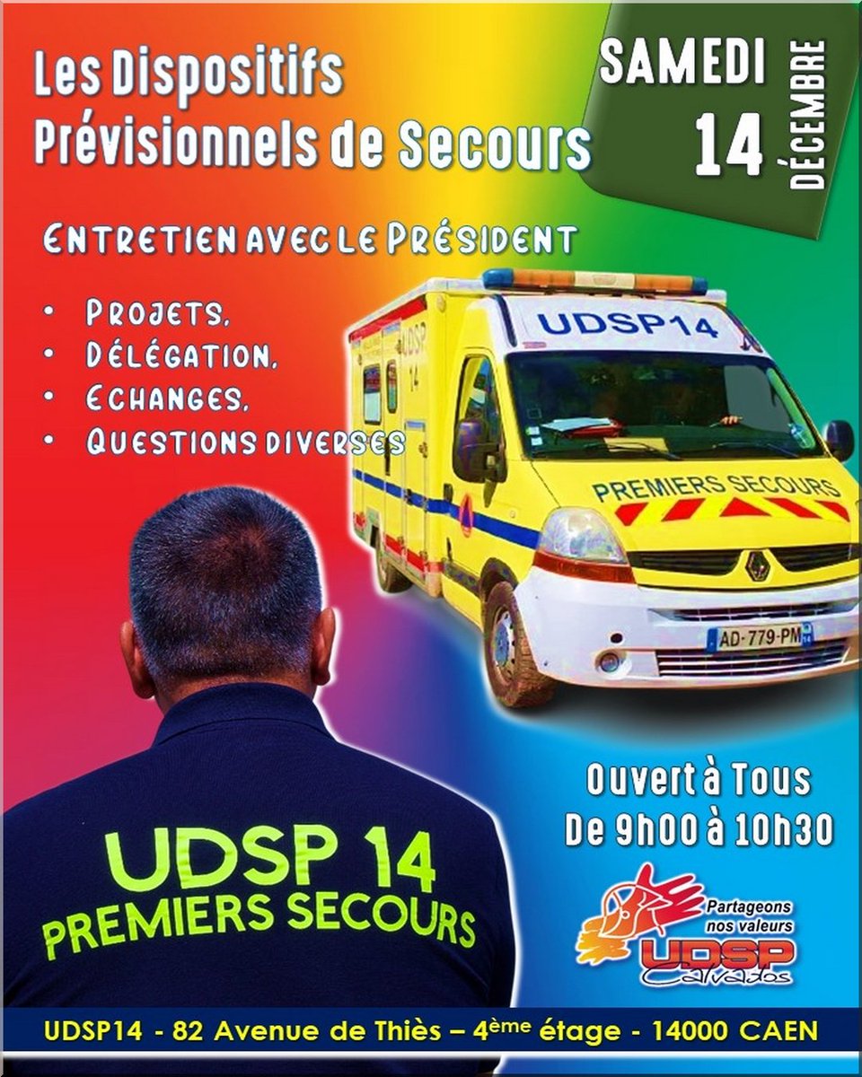 #DPS | Acteurs ou Candidats intéressés, #pompiers ou #secouristes, venez découvrir ou/et échanger avec le Président de <a href="/Udsp14/">UDSP 14</a>  samedi prochain, dans les locaux de l'Union Départementale des Sapeurs Pompiers du Calvados.
<a href="/SDIS14/">SDIS 14</a>