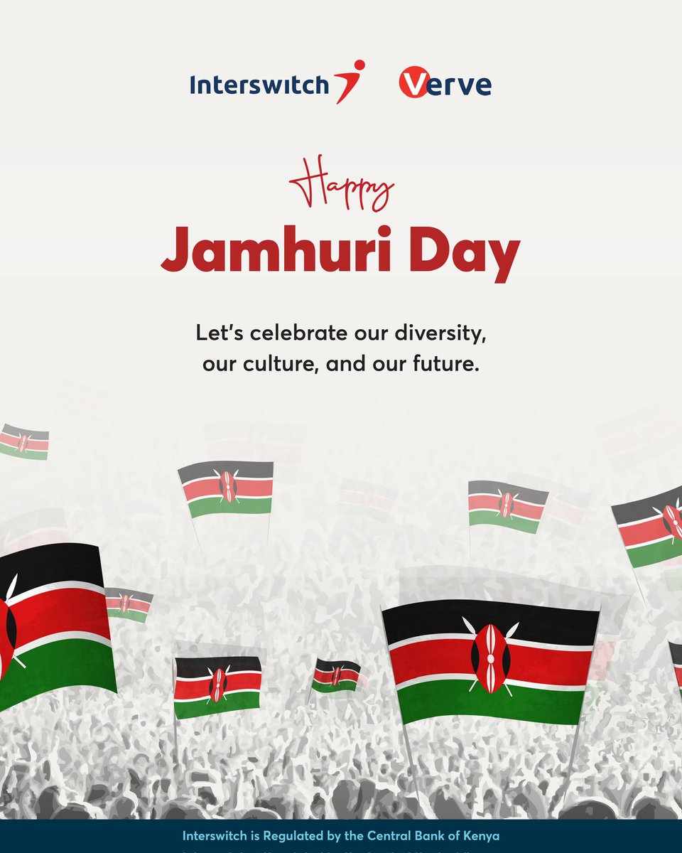 iswspakkenya's tweet image. Happy Jamhuri Day 🇰🇪 

Let’s celebrate our diversity, our culture, and our future. 

#Jamhuriday2024
#InterswitchKenya
#nevers20p