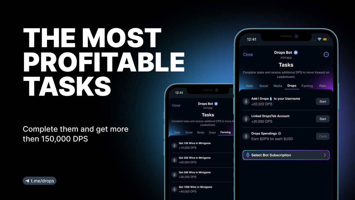 These tasks will bring you the most profit: 💎

• Play mini-games: 10K-40K $DPS
• Add "| Drops💧" to your nickname: 22,222 $DPS
• Link your DropsTab account: 20K $DPS
• Subscribe to Drops Bot: 150 $DPS per $1

👉t.me/drops/app?star…