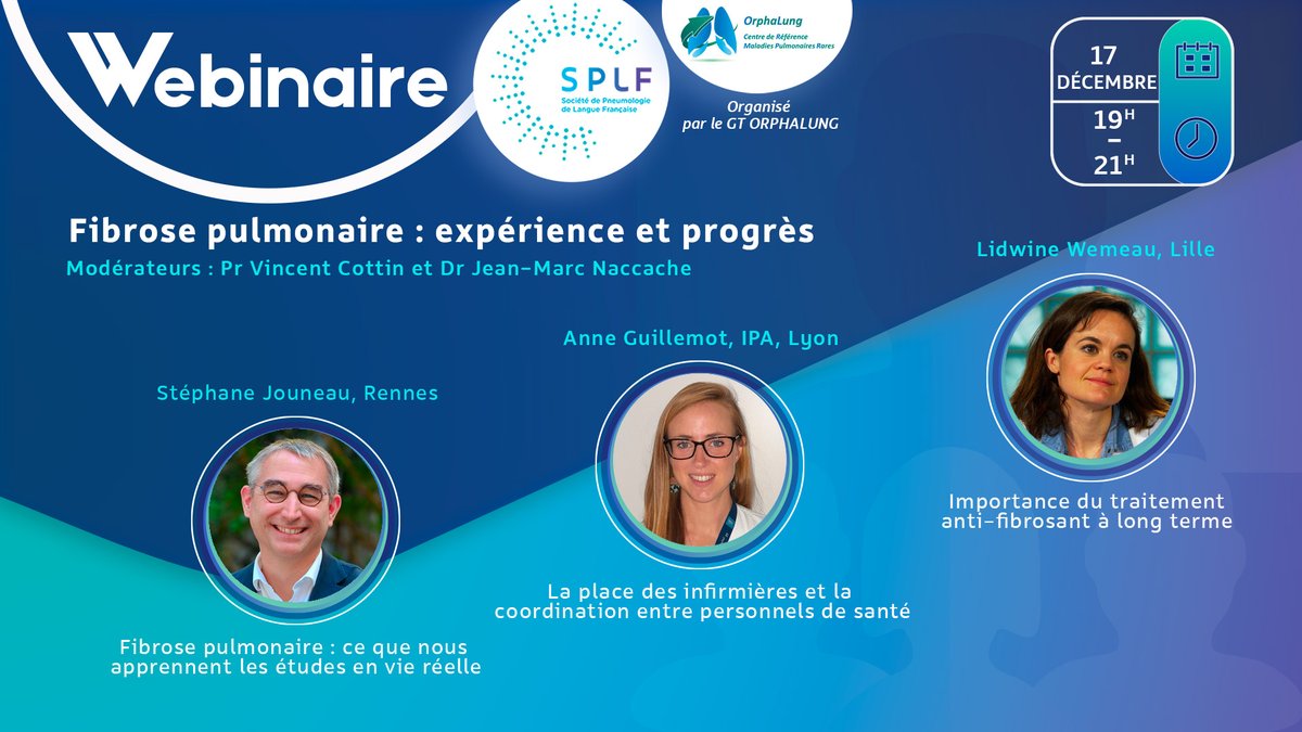 SPLF_SocPneumo's tweet photo. PRENEZ DATE ! Mardi 17 décembre 2024 de 19h à 21h
🫁Webinaire Fibrose pulmonaire : expérience et progrès
👉https://t.co/yBK4Q2Fvtu
#fibrose #pneumologie #MaladieRare
@OrphaLung @PneumoCphg @AllianceMR @ajpo2 https://t.co/MZZEiuNNk8