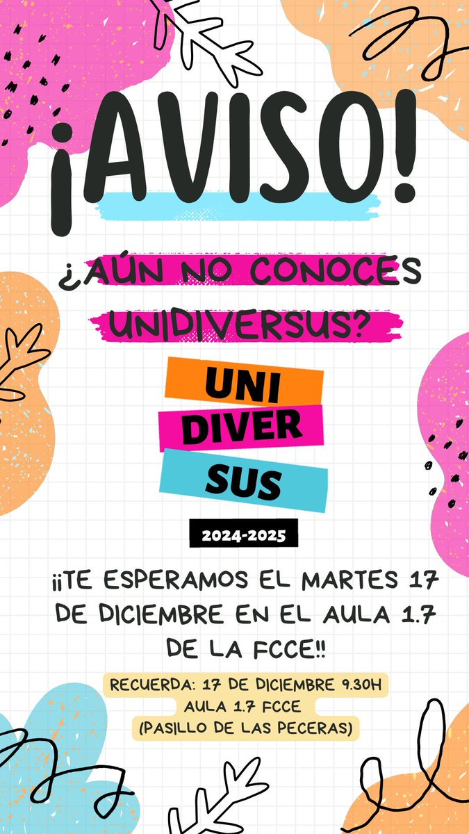 📢 ¿Aún no conoces UniDiversUS? Ven y te contamos sobre este curso inclusivo

▶️ Curso financiado por Fundación ONCE y el Fondo Social Europeo. Conócelo ⬇️ 

🗓️ Martes 17 de diciembre, de 9.30 a 10.30

📍 Aula 1.7, @educacionUS

🔗 buff.ly/4fceOFp