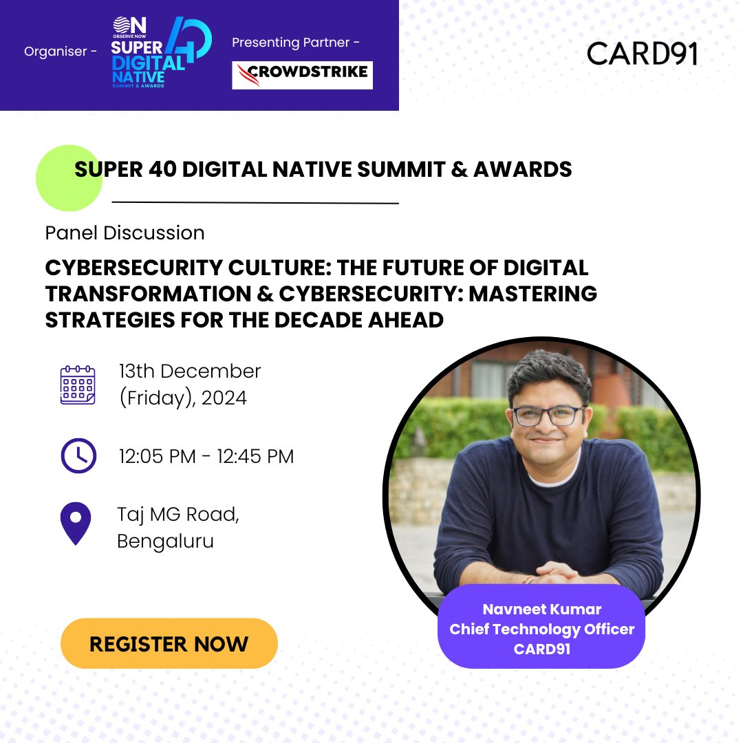 Card91HQ's tweet photo. Shaping the Future of #Cybersecurity! 🛡️
Exciting news! #CARD91's Chief Technology Officer, @tracknavneet, will be taking the stage at @ObservenowMedia's Super 40 Digital Native Summit & Awards presented by @CrowdStrike on Friday, 13th Dec'24. He’ll be part of a #paneldiscussion on: 🔐 Cybersecurity Culture: The Future of #DigitalTransformation Cybersecurity - Mastering Strategies for the Decade Ahead
With digital threats evolving, the time to build resilient and forward-looking cybersecurity strategies is now. 🔐🚀 Stay tuned for key takeaways and highlights from this thought-provoking session!
To read more: https://t.co/8srEOBUFyC
#IssuanceSolutions #PaymentSystems #FinTech #FutureFinance #FinancialInnovation #Strategy