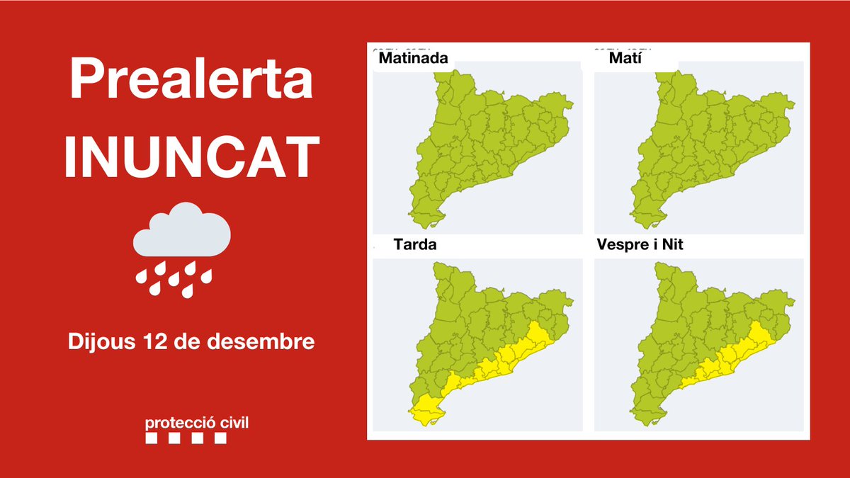 🌧️ Actualització prealerta #INUNCAT

Es manté la previsió durant el dia d'avui (20 l/m2 en 30min), des del migdia i fins la propera matinada al litoral i prelitoral de Catalunya. 

Al llarg del dia es podran acumular, de forma local, més de 50 l/m2.

#ProteccióCivil