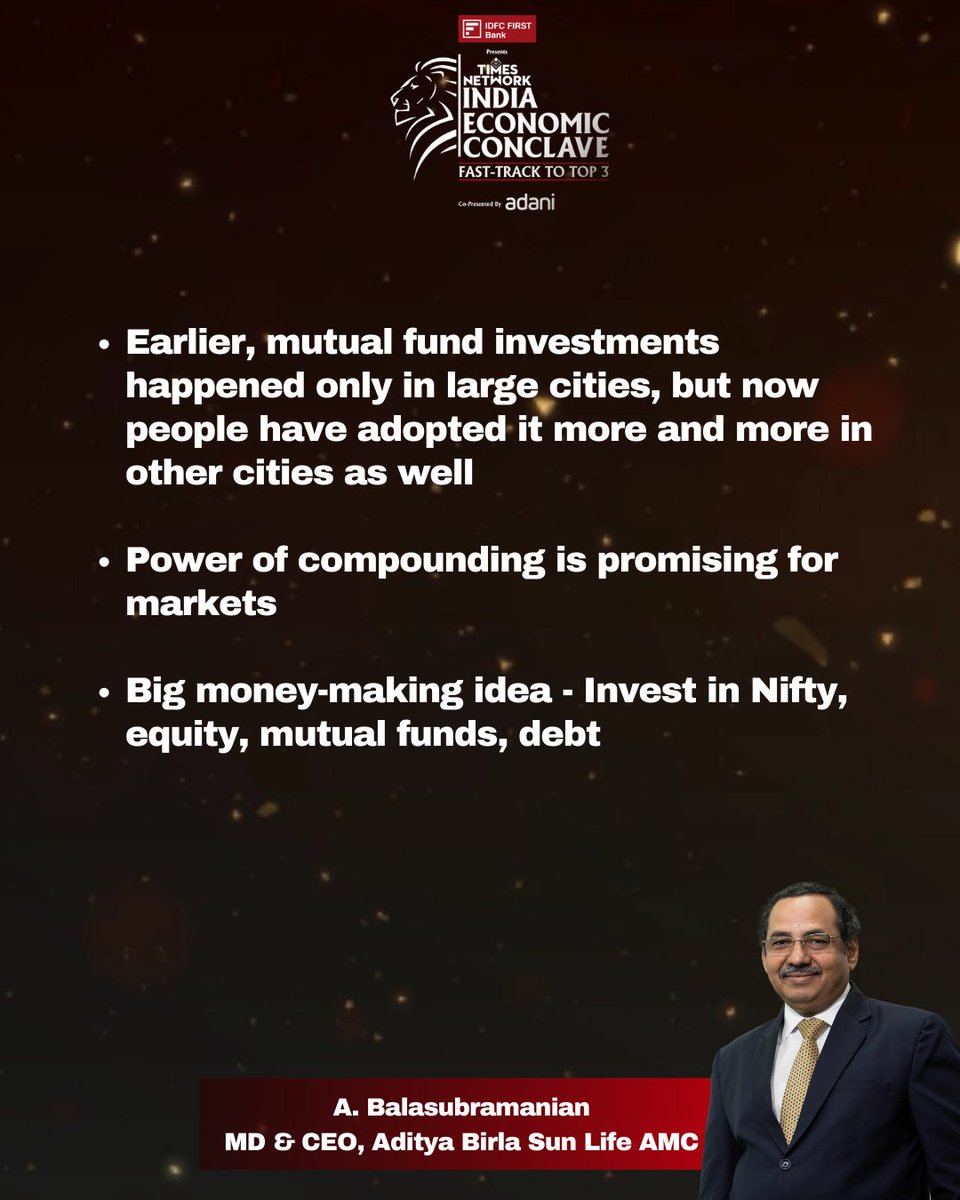 ET NOW (@etnowlive) on Twitter photo #IEC2024 | What are A. Balasubramanian, MD & CEO, Aditya Birla Sun Life AMC's big money-making ideas? Read to know more!
#INDIAECONOMICCONCLAVE <a href="/IDFCFIRSTBank/">IDFC FIRST Bank</a> <a href="/AdaniOnline/">Adani Group</a> <a href="/MFBALA/">A Balasubramanian</a> <a href="/abslmf/">ABC - Aditya Birla Sun Life Mutual Fund</a> #IEC2024 | What are A. Balasubramanian, MD & CEO, Aditya Birla Sun Life AMC's big money-making ideas? Read to know more!
#INDIAECONOMICCONCLAVE <a href="/IDFCFIRSTBank/">IDFC FIRST Bank</a> <a href="/AdaniOnline/">Adani Group</a> <a href="/MFBALA/">A Balasubramanian</a> <a href="/abslmf/">ABC - Aditya Birla Sun Life Mutual Fund</a>