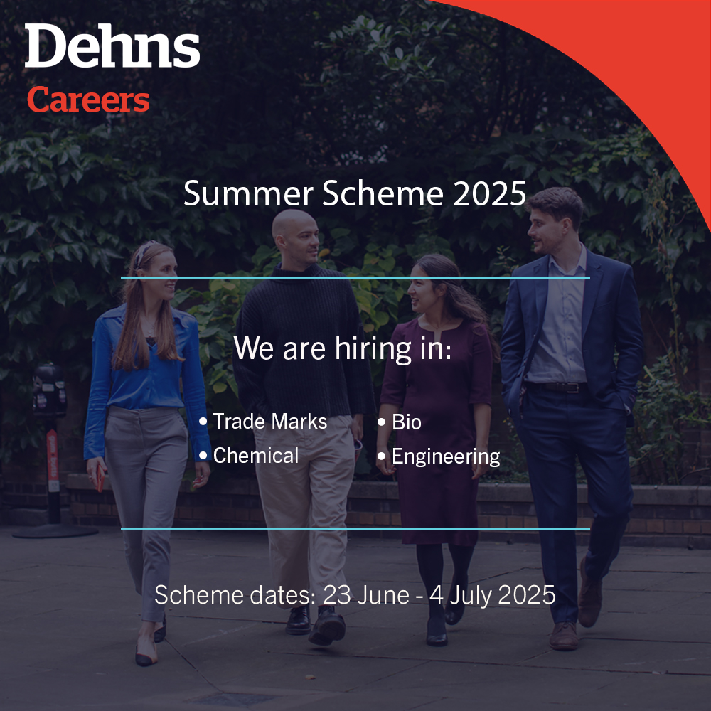 Applications for our 2025 Summer Scheme are open! We are seeking penultimate year &amp; PhD students who are passionate about IP and would like to gain experience in a thriving firm. We have positions in both our Trade Mark and patent teams: dehns.com/vacancies/