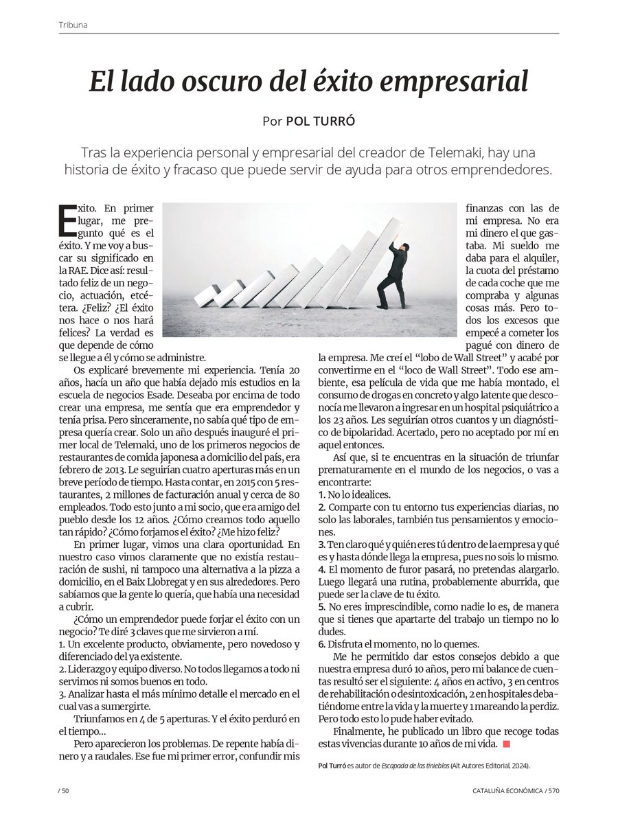 👏La revista <a href="/cat_economica/">Cataluña Económica</a>  ha entrevistado a nuestro autor Pol Turro donde cuenta una historia de éxito y fracaso que puede servir para otros emprendedores.
¡No te la pierdas!
💯Consigue su libro #Escapadelastinieblas aquí:
altautores.com/editorial/esca…
#catalunya #saludmental