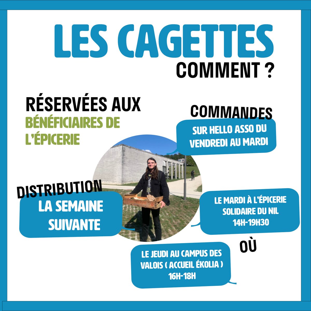 🥕 Connaissez-vous les Cagettes solidaires du SCCUC ?

Chaque semaine, les étudiants bénéficiaires de l'Épicerie du Nil à #Angoulême peuvent commander des cagettes de fruits et légumes bio et locaux, et cela à prix réduit (0,70€) !

Retrouvez toutes les infos pratiques 👇