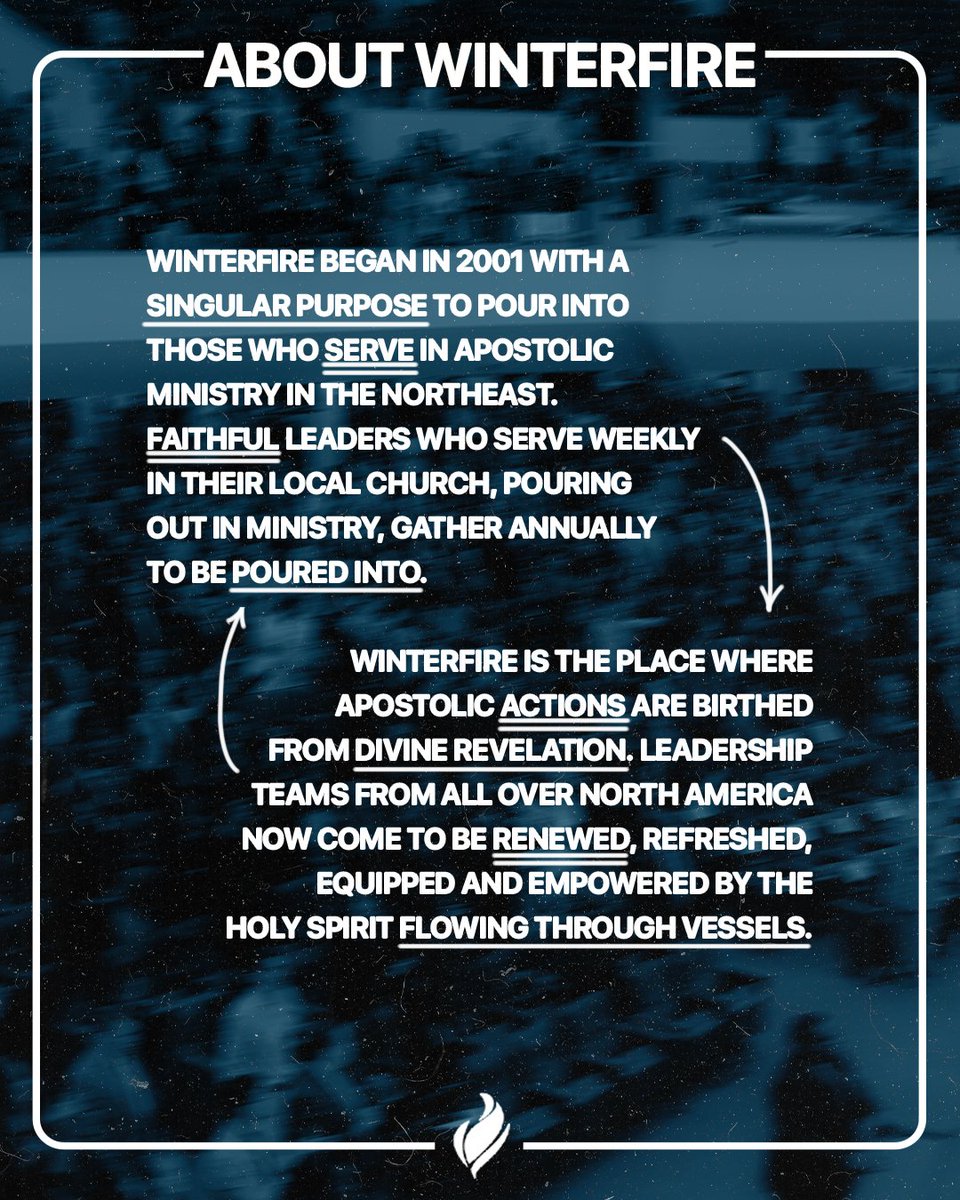 WinterfireConf's tweet image. WinterFire began in 2001 with a singular purpose: to pour into those who serve in apostolic ministry in the Northeast. WinterFire is the place where apostolic actions are birthed from divine revelation.

Visit winterfire.org to learn about the conference and more.