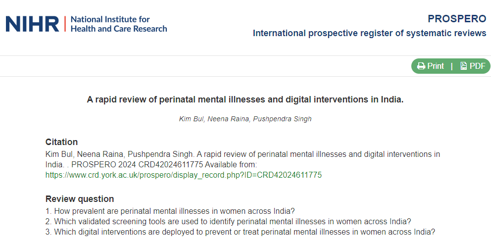 Dr <a href="/kim_bul/">Dr. Kim Bul MSc PhD AFHEA</a>'s review protocol on perinatal mental #health &amp; digital interventions in India is registered on PROSPERO (shorturl.at/DCTUO) &amp; OSF (osf.io/kpeys/). Excited to collaborate with <a href="/RainaNeena/">Dr Neena Raina</a> (<a href="/SWACHNGO/">SWACH</a>)&amp; Prof. Pushpendra Singh (<a href="/IIITDelhi/">IIIT Delhi</a>) via ODA funding