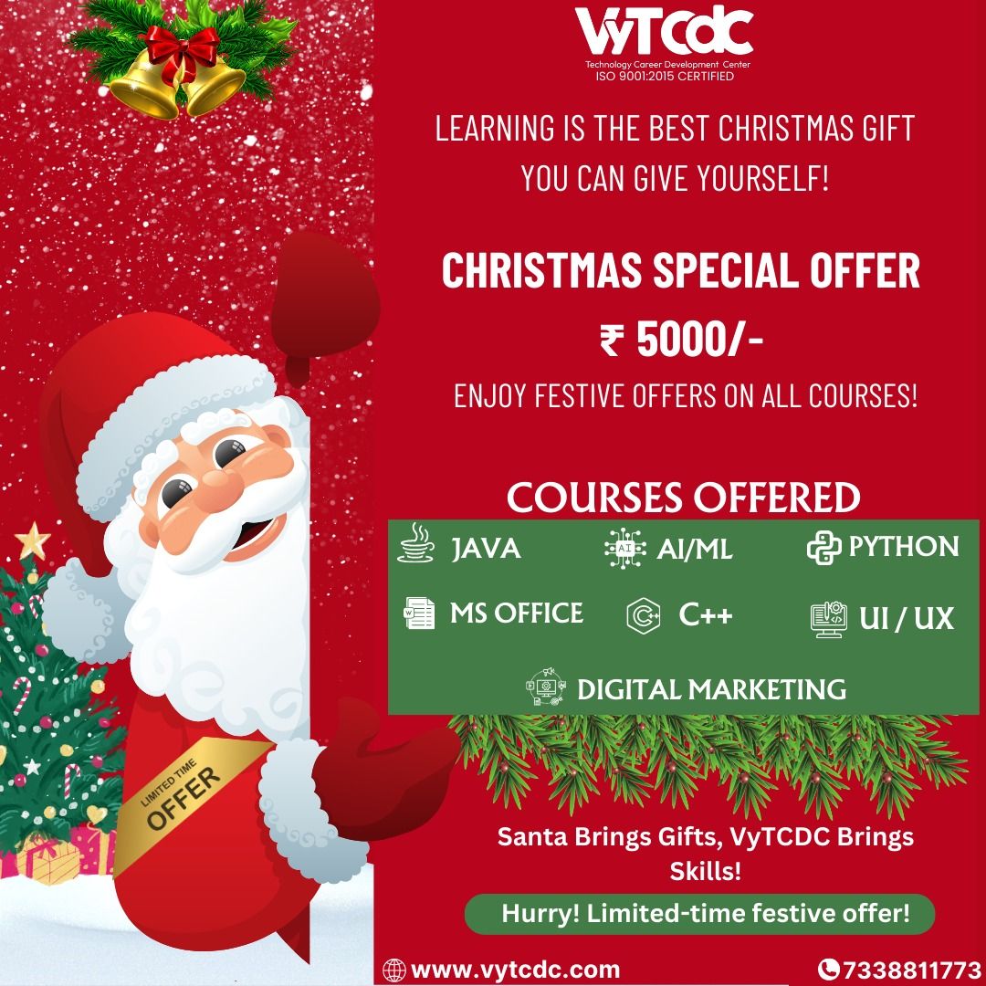 vytcdc's tweet image. This Christmas, unwrap the gift of knowledge with VyTCDC’s festive courses!
Enroll now for just ₹5000 (each course) and upgrade your career!
DM us to know more and secure your spot today!
For More Details Call: 7338811773 or 9150002604
#ChristmasCourses #VyTCDC #GiftOfKnowledge