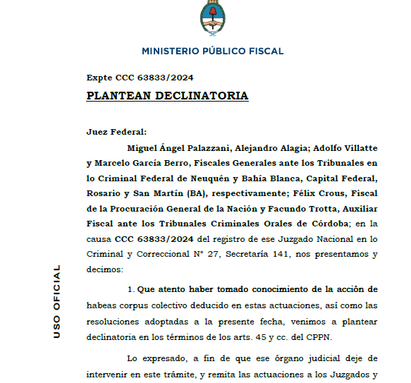 Hoy un grupo de represores de lesa humanidad tendra hoy una audiencia en un Hábeas Corpus absolutamente irregular.  
Un grupo de fiscales pedimos que se respete a cada Tribunal que interviene en los juicios; ante otro intento de destruir el proceso de Memoria, Verdad y Justicia.