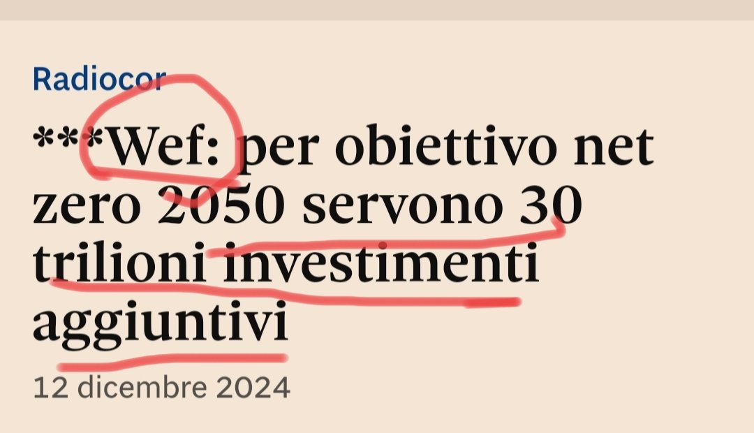 M25016096's tweet photo. 🟡 IL WEF: SERVONO URGENTEMENTE 30 TRILIONI PER AZZERARE LA CO2❗
Ma perché non andate al diavolo? Perché non investite invece in programmi sociali per la lotta alla fame e alla povertà? Oramai non vi crede più nessuno. In Italia soltanto la tromba (sfiatata) della Confindustria, il Sole 24 Ore, vi sta ancora ad ascoltare.
È talmente chiaro che cercate solo di combinare affari per i vostri adepti, spargendo bufale! Poi le fate ripetere all'infinito dagli scienziatih, divulgatori e politici che avete a libro paga, sperando che, come diceva Goebbels, una balla ripetuta mille volte alla fine venga bevuta.
Prima avete organizzato il business dei vaccini, ora tentate con quello della "impronta di carbonio". E naturalmente diffamate e discriminate quelli che si oppongono alle vostre scelte liberticide.
Come ad esempio il candidato presidente della Romania, Cālin Georgescu @CG_Romania, che ha incontrato anni fa il vostro leader Klaus Schwab, e ha detto di avere avuto la netta sensazione di parlare con un'entità, non con un essere umano. Però queste rivelazioni gli sono costate care.
Aveva vinto le elezioni, ma "casualmente" le hanno annullate, adducendo misteriose "interferenze" sui Social mai provate. 
Per voi servono un esorcista e un tribunale di Norimberga! 😡