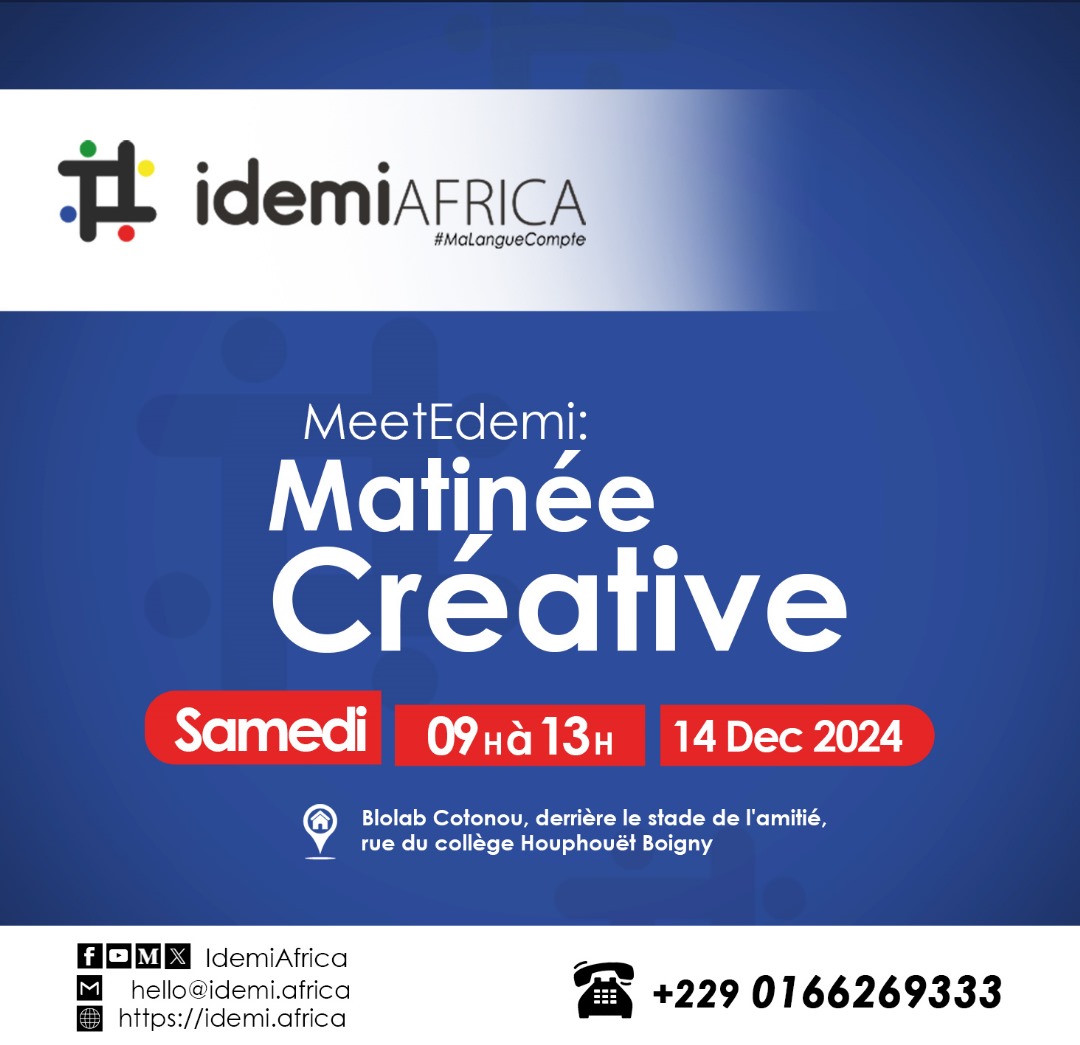 Idemi Africa (@idemiafrica) on Twitter photo C'est inadmissible ce long silence ici sans explication mais en attendant d'y revenir, clôturons l'année en beauté avec une matinée créative au <a href="/BLOLAB_BENIN/">BLOLAB Officiel</a> ce samedi 14 décembre 2024 de 9h à 13h GMT+1.
Inscription ici forms.gle/uP6F1tUCDNDkZm…
#IdemiAfrica #MaLangueCompte #Edemi C'est inadmissible ce long silence ici sans explication mais en attendant d'y revenir, clôturons l'année en beauté avec une matinée créative au <a href="/BLOLAB_BENIN/">BLOLAB Officiel</a> ce samedi 14 décembre 2024 de 9h à 13h GMT+1.
Inscription ici forms.gle/uP6F1tUCDNDkZm…
#IdemiAfrica #MaLangueCompte #Edemi