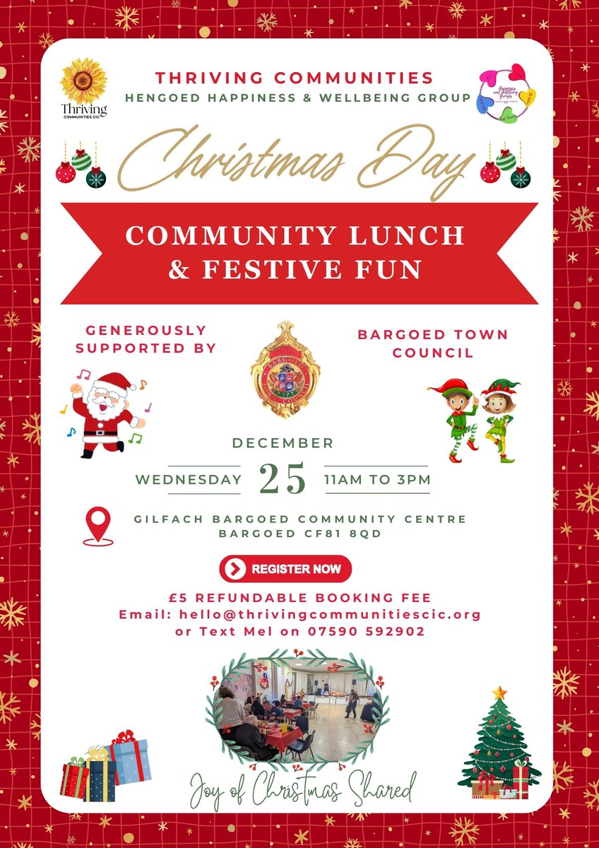 BargoedTC's tweet photo. 🎄 Christmas Lunch! 🎄

Join us at Gilfach Bargoed Community Centre on December 25th, 11am-3pm.

Register: hello@thrivingcommunitiescic.org or 07590 592902.

🎅✨ Let's make this Christmas special!

#CommunityChristmas #FestiveLunch #YouAreNotAlone #ThrivingCommunitiesCIC https://t.co/kiB8RiM9zZ