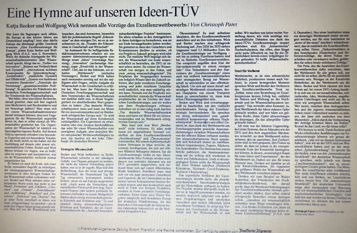 WolfgangEssbach's tweet photo. Vor genau einem Monat haben d Spitzen von DFG und Wissenschaftsrat i.d. FAZ einen atemberaubenden Jubel-Beitrag auf d deutsche Intelligenzinitiative publiziert, mit hinreißenden Aussagen, wie z.B.:  „Sie basiert auf einem gesellschaftlich konsentierten offenen Hochschulsystem... https://t.co/23pCbGFaEL