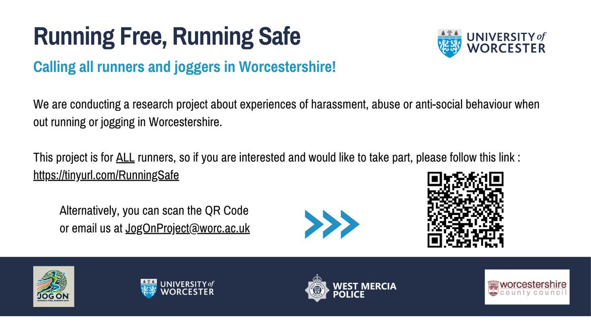 📢ONLY 3 MORE DAYS TO TAKE PART!!
Calling all #Runners in #Worcestershire We have launched a survey to find out about experiences of harassment, abuse or anti-social behaviour when out running in Worcestershire. For ALL runners over 18. To take part 🔗 tinyurl.com/RunningSafe