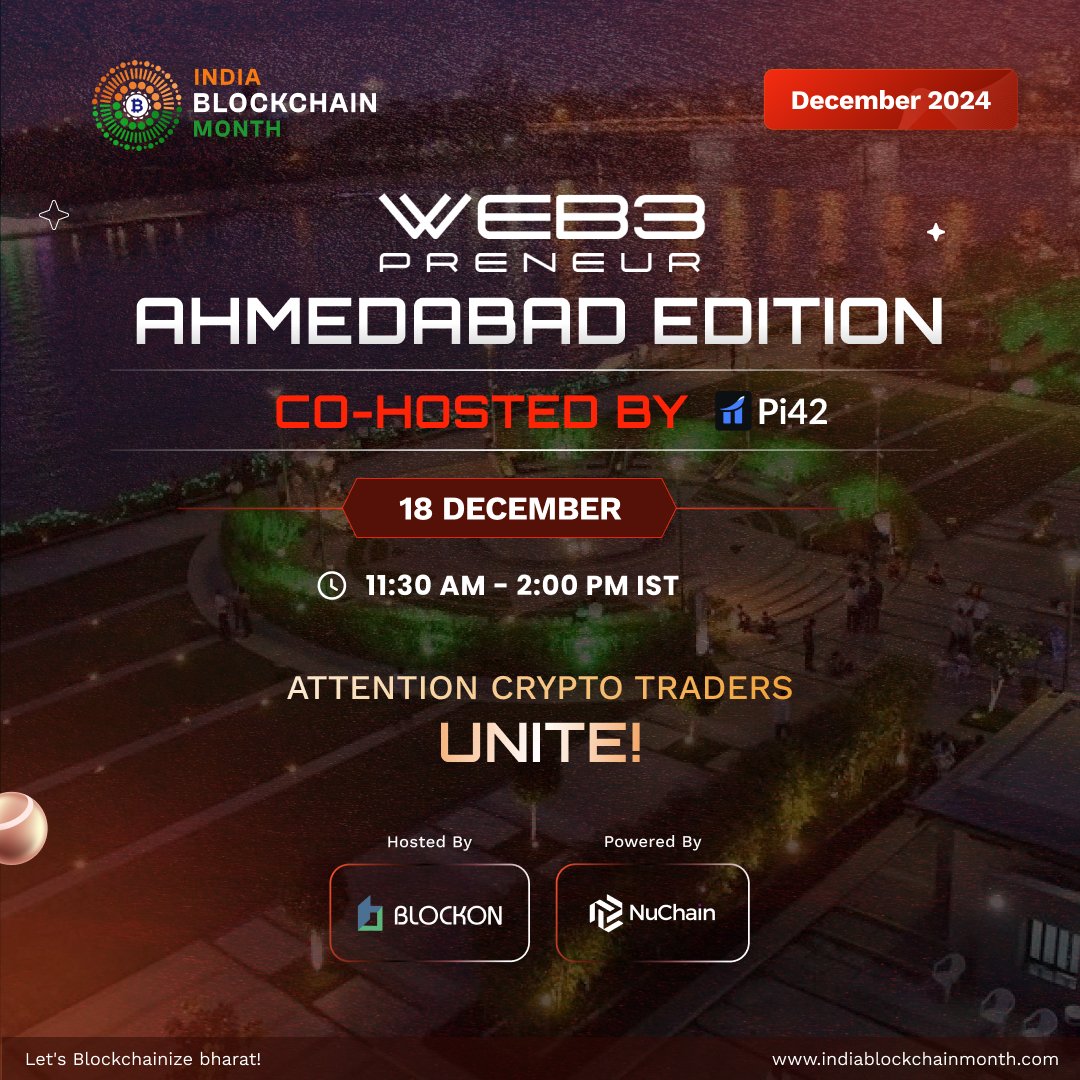 INBMOfficial's tweet photo. ๐จ Traders, Ahmedabad is Calling! ๐จ
Ready to trade smarter, not harder? ๐ก Join us at the @Web3preneur_ Ahmedabad Edition on Dec 18, co-hosted by @Pi42Exchange โ the platform giving traders the ultimate edge:
โ No 1% TDS
โ No 30% Tax
โ Up to 75x Leverage
โ Offset Losses
๐ฅ Want in?
Weโre giving away 5 FREE PASSES!
Hereโs how:
1๏ธโฃ Reply with your boldest crypto trading insight.
2๏ธโฃ Tag 2 fellow traders who shouldnโt miss this.
Act fast!
Winners would be announced soon. ๐
๐
Dec 18 | 11:30 AM | Ahmedabad
This isnโt just an event โ itโs your trading revolution. Donโt miss it!
RSVP now- https://t.co/3MBfcm3K5Z
#Web3Preneur #Pi42 #CryptoTraders #IndiaBlockchainMonth #AhmedabadEvents