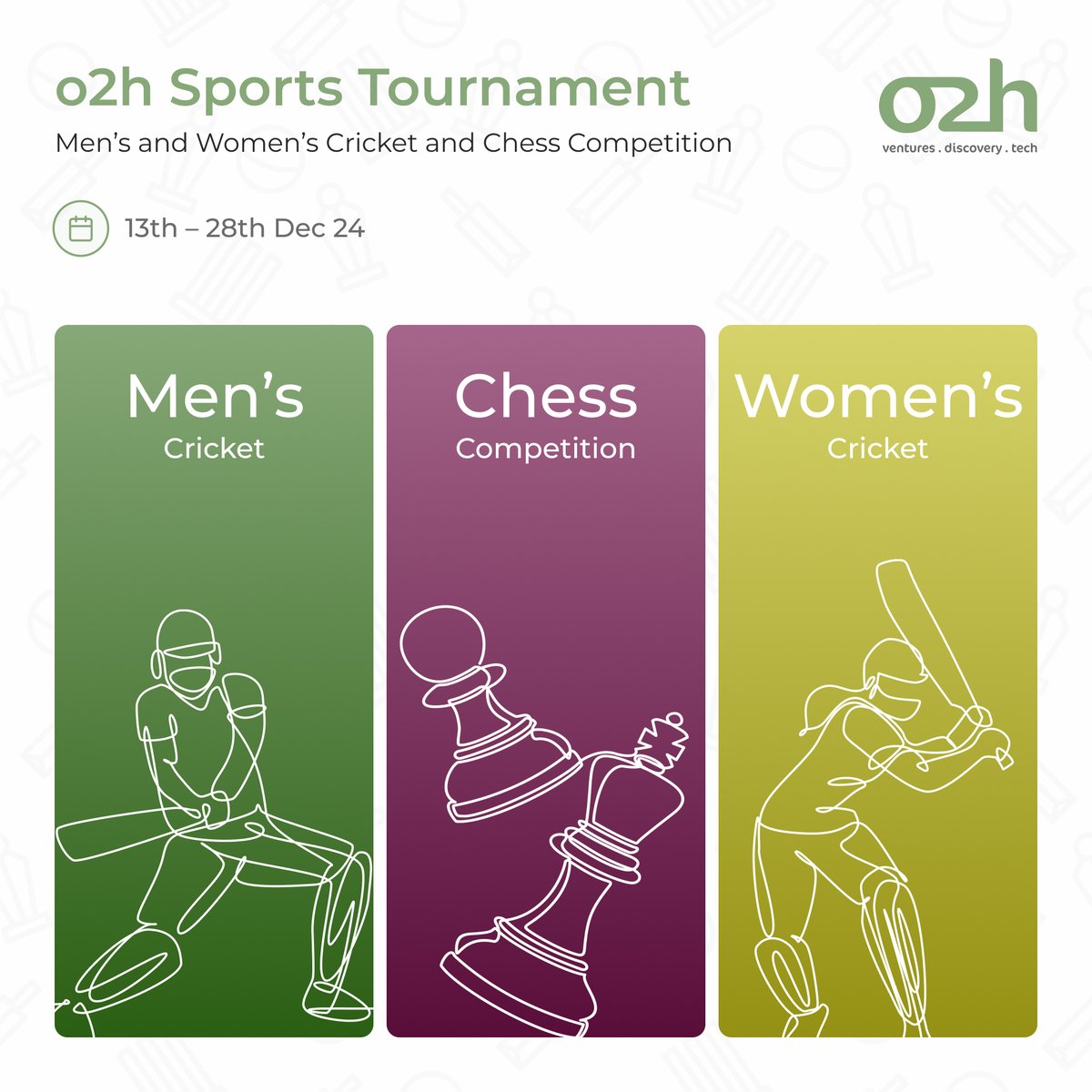 At o2h, we’re all about that vibrant spirit that makes our workplace lively, It’s that time of year when we come together for our annual cricket tournament, and we couldn’t be more excited!
For our brainiacs, we’re also hosting a chess tournament. 
𝐋𝐞𝐭’𝐬 𝐬𝐦𝐚𝐬𝐡 𝐢𝐭!