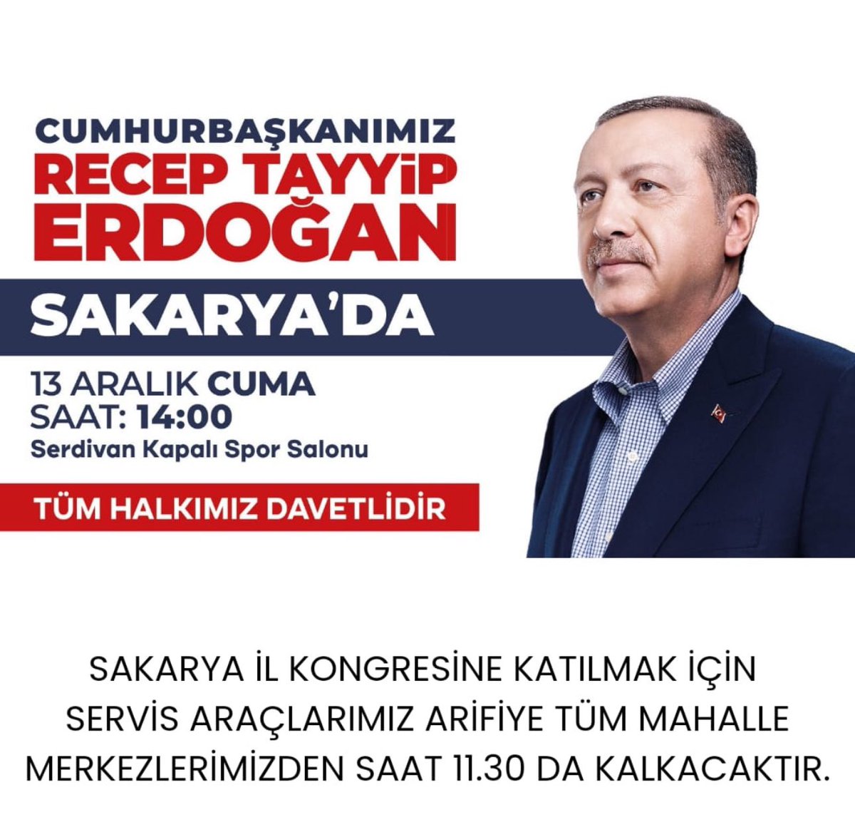 Hasret bitiyor Arifiye! 
Cumhurbaşkanımız, Genel Başkanımız Sayın Recep Tayyip Erdoğan 13 Aralık Cuma günü saat 14.00’da Sakarya’ya geliyor. 

Büyük buluşmaya tüm ilçe halkımız davetlidir.

 📍 Serdivan Kapalı Spor Salonu
🗓️ 13 Aralık Cuma
🕑 14:00