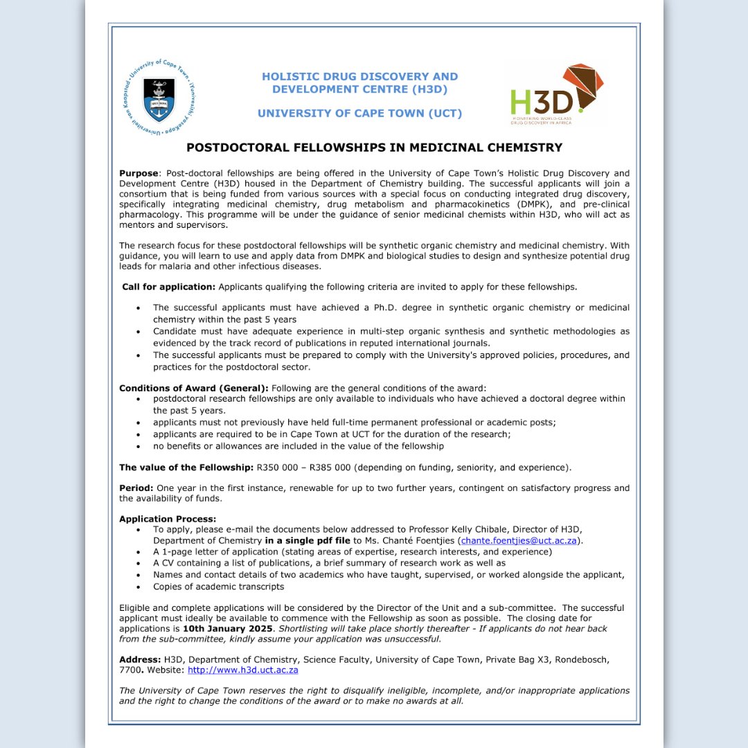 H3D_UCT's tweet image. Exciting Opportunity: Join @H3D_UCT as a Postdoc Fellow in Medicinal Chemistry
@H3D_UCT is looking for talented postdoctoral fellows to contribute to cutting-edge research
Closing Date: 10 Jan 2025
#PostDocOpportunity #MedicinalChemistry