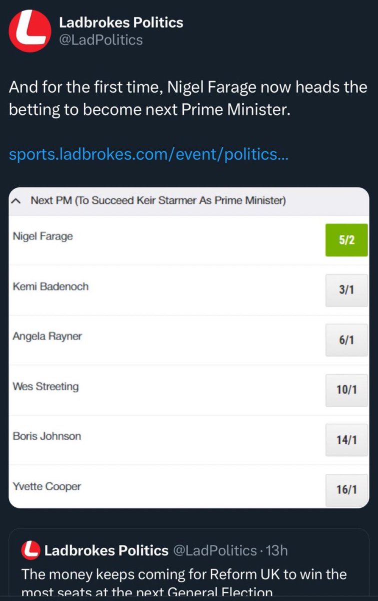 ReformDaily_'s tweet image. 🔥 Nigel Farage is now the bookies’ favourite to become the next Prime Minister! 🇬🇧

The political landscape is shifting - Reform is coming.

#NigelFarage #ReformUK #NextPM