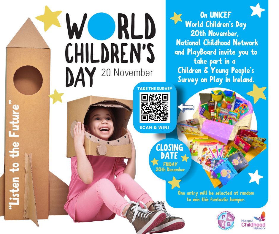 National Childhood Network (@ncn4children) on Twitter photo NCN & <a href="/playboard_/">PlayBoard NI</a> invite Children and Young People to complete our Survey on PLAY in Ireland.
Further Details: ncn.ie/children-and-y…
Please complete the survey via the link below or QR Code on Poster. Thank you!
surveymonkey.com/r/D28G8G5 NCN & <a href="/playboard_/">PlayBoard NI</a> invite Children and Young People to complete our Survey on PLAY in Ireland.
Further Details: ncn.ie/children-and-y…
Please complete the survey via the link below or QR Code on Poster. Thank you!
surveymonkey.com/r/D28G8G5