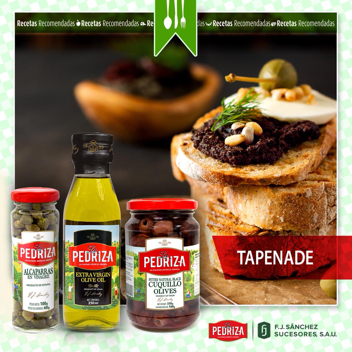 TAPENADE, (Paté de Aceitunas Negras) • 200g de aceitunas La Pedriza. • 5 filetes anchoas. • 2 cucharaditas alcaparras La Pedriza. • 2 cucharadas AOVE La Pedriza. • 1 cucharadita Brandy. • Una pizca pimienta. • Hierbas aromáticas... 
+INFO: aceiteslapedriza.com/es/recetario-e…