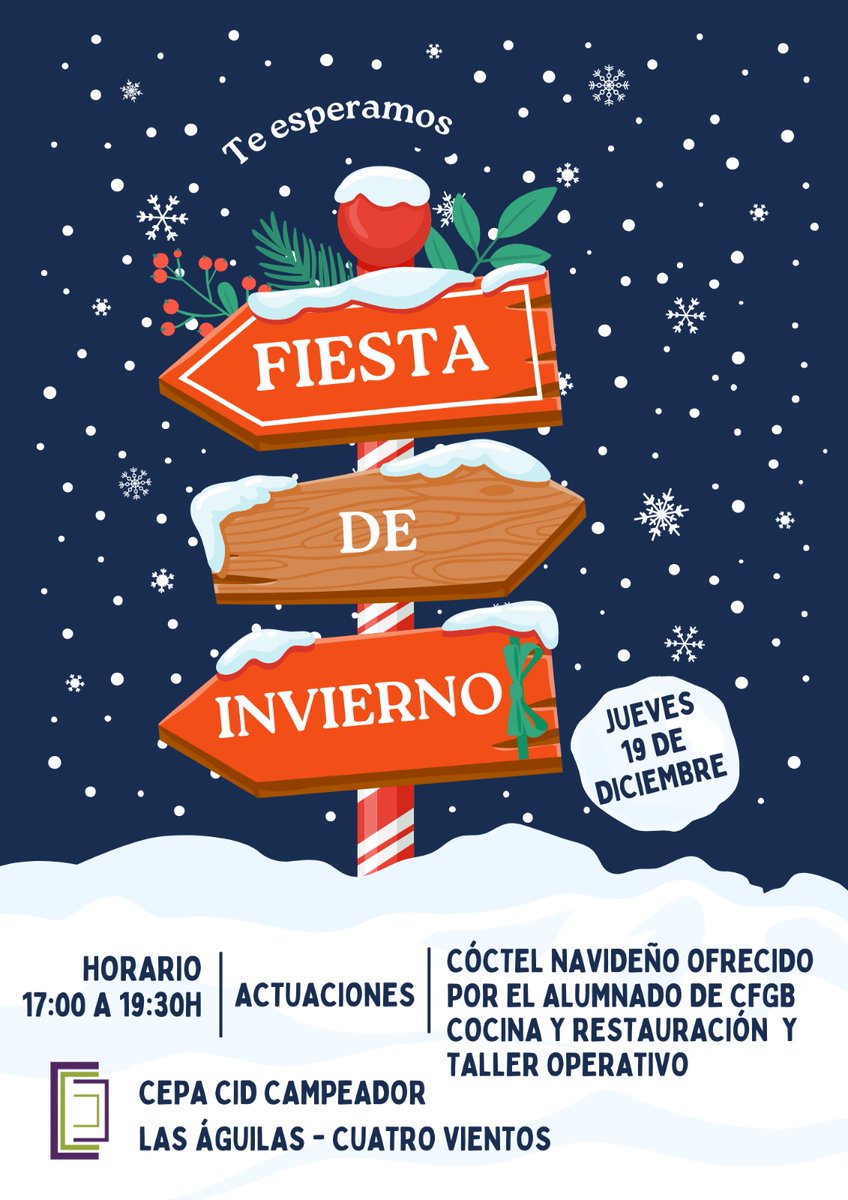 El Jueves 19 a 17h: será la tradicional Fiesta de Invierno en el #CEPACidCampeador a la que está invitada toda nuestra comunidad educativa

Con actuaciones de nuestro alumnado, y ¡cómo no!, un rico cóctel elaborado y servido por el CFGB de Cocina y Restauración y Taller Operativo