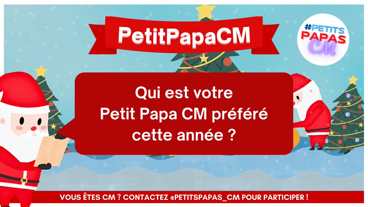 PetitsPapas_CM's tweet image. 🎉 Dernière ligne droite pour le #PetitsPapasCM ! Une ultime chance de remporter les cadeaux de la hotte 🎁

🎅 Tweetez &quot;#MonPetitsPapasCM préféré est ___&quot; pour qu&apos;il devienne le Père Noël de 2024 !

✨ Découvrez toute la hotte 👇