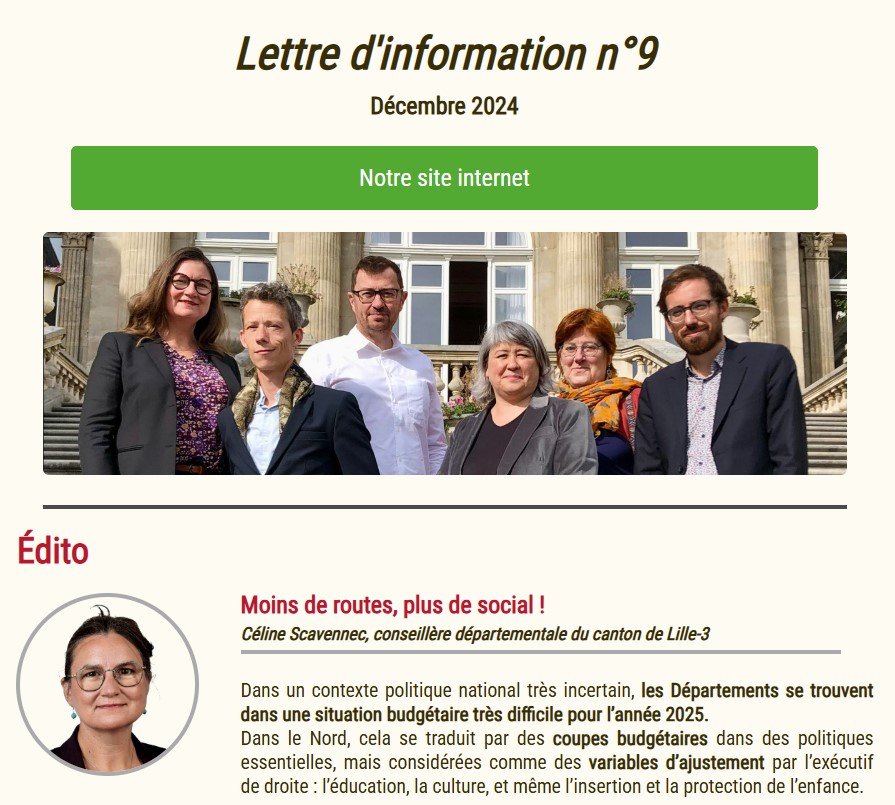 EcoloNord's tweet image. ❄️Retrouvez la dernière lettre d'info du groupe @EcoloNord revenant sur nos actualités : 

Situation budgétaire, vœux 2025, sanctions des allocataires du RSA, procès du scandale de l'ASE du Nord à Châteauroux, mise à l'abri des MNA, Collège au cinéma...

👉sh1.sendinblue.com/mk/sc/Yvp7lVm0…