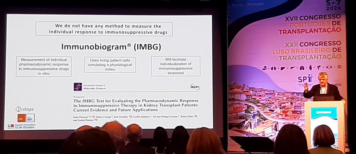 Proud to have participated in the Portuguese and Brazilian Congress of Organ Transplantation, where Dr. Julio Pascual, Medical Director <a href="/H12Octubre/">Hospital Universitario 12 de Octubre</a>  and specialized in Nefrology, presented methods of transplant monitoring, and highlighted the immense value of the Immunobiogram®.