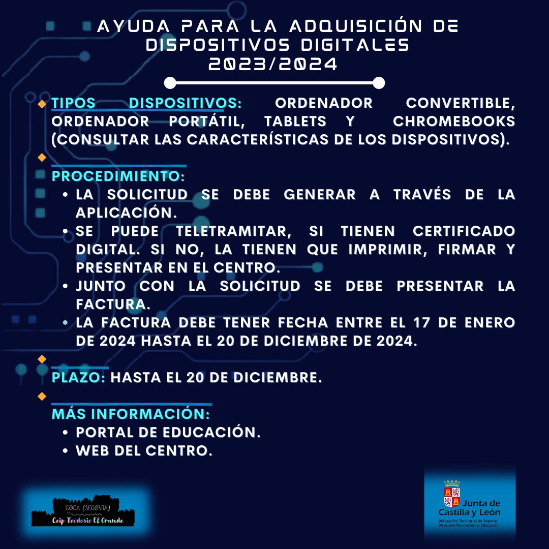 𝐴𝑦𝑢𝑑𝑎𝑠 𝑝𝑎𝑟𝑎 𝑙𝑎 𝑎𝑑𝑞𝑢𝑖𝑠𝑖𝑐𝑖ó𝑛 𝑑𝑒 𝑑𝑖𝑠𝑝𝑜𝑠𝑖𝑡𝑖𝑣𝑜𝑠 𝑑𝑖𝑔𝑖𝑡𝑎𝑙𝑒𝑠 2024/2025
Más información: tinyurl.com/33fh4bxc
No dudéis en consultarnos para cualquier duda.
#centroseducacyl #educacylsegovia