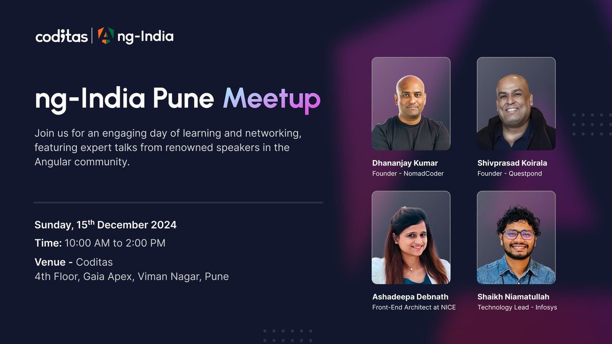 coditasHQ's tweet image. We’re thrilled to announce the stellar speaker lineup for the ng-India Pune Meetup!🎉
Get ready to explore #AngularSignals, tips to crack #Angular interviews, and latest updates with our expert speakers.
👉 RSVP: lu.ma/upf6dgp0
#ngPune #ngIndia #TechEvents #Coditas