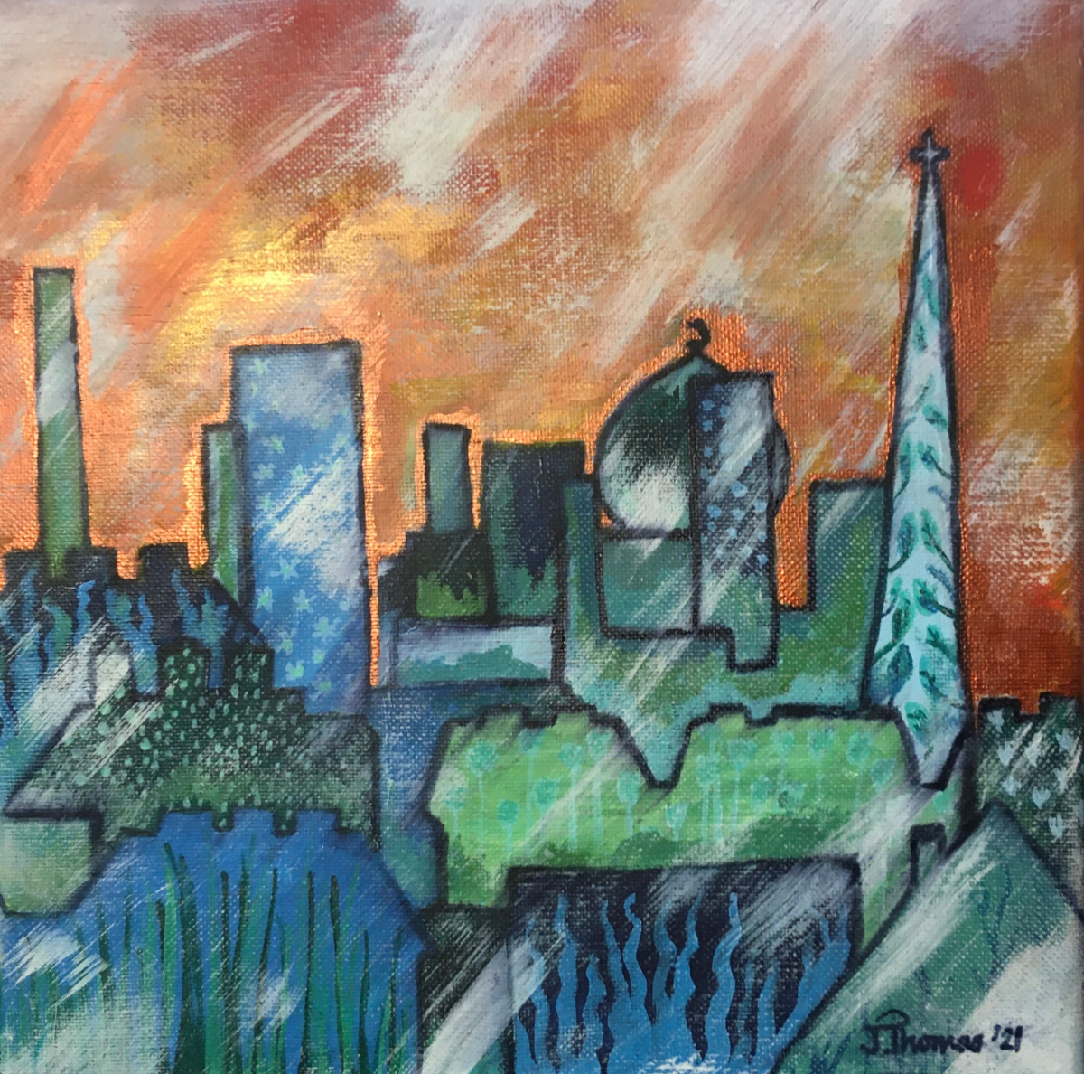 _Jane_Thomas's tweet photo. 'Blossoming Skyline’ – An acrylic and mixed media painting on stretched canvas. With some metallic highlights, as befitting a sunrise scene!

Check out my website for more examples of my art!

#OriginalArt #Artist #Painting #Acrylicst #Artist #Artwork #FemaleArtist #CityScape https://t.co/ThP9K8d0bj