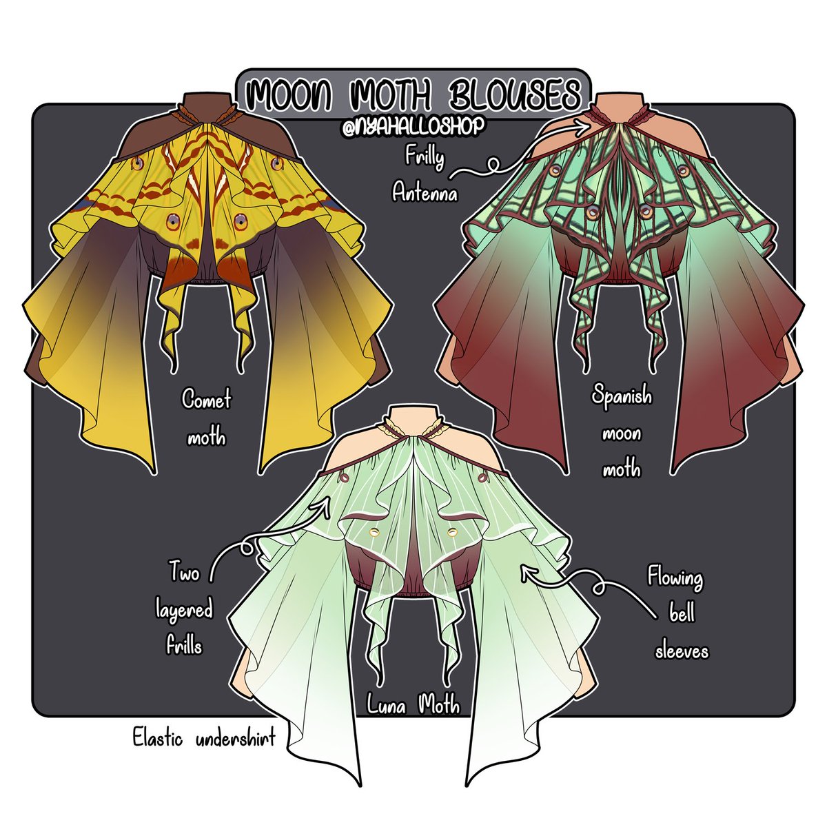 NyahalloShop's tweet photo. Moon moth blouses! Which one is your fave? https://t.co/9z38uQ48hm