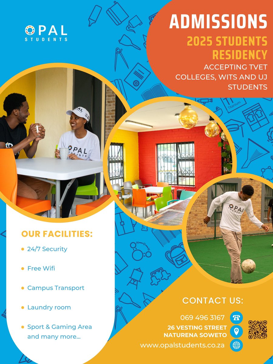OpalStudentsSA's tweet photo. 2025 RESIDENCE APPLICATIONS OPEN🇿🇦
Wits, UJ &amp; TVET students – we are more than a home!

📍 Naturena  
🚎 Campus transport | 💪 Gym | 🎮 Gaming | 📚 Library | 🌐 Free Wi-Fi &amp; more!  
✨ NSFAS-accredited &amp; bursary-friendly.  

📲 Apply: https://t.co/GgYU2kZMyQ
#OpalStudents https://t.co/LA7h8qWwmN
