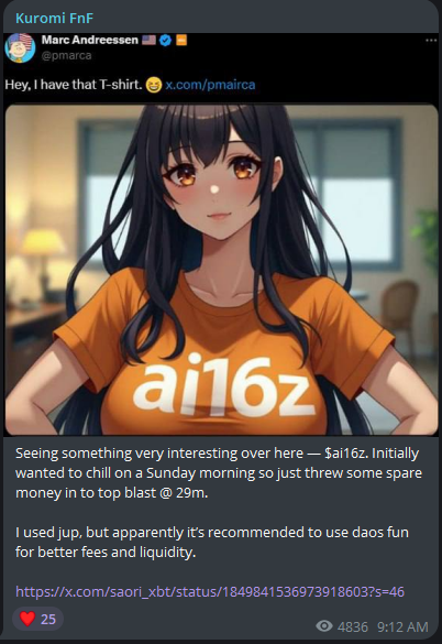 One of my first and most possiblu one billie trade in shitters -- $ai16z

Shared @ 29m in my channel and now we an inch away from billie mc.

32x and ongoing, the cult is unmatched 🙏 uwu!