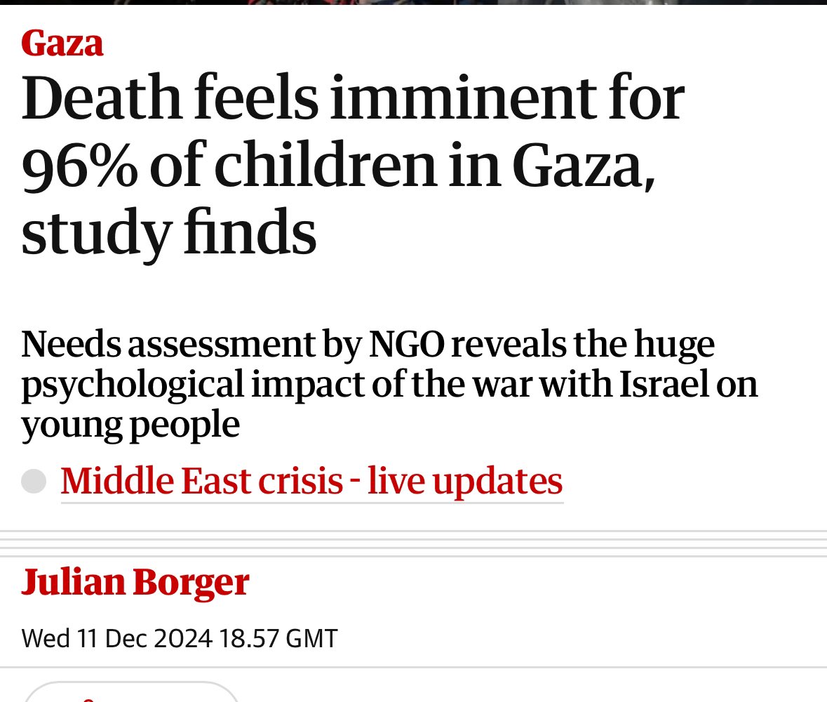PeruginiNic's tweet photo. At least 17,000 children killed by Israel since Oct 2023, more than 3000 under the age of 5, more than 700 babies:

“New study of children living through the war has found that 96% of them feel that their death is imminent and almost half want to die.” https://t.co/1Fs9efCxNQ