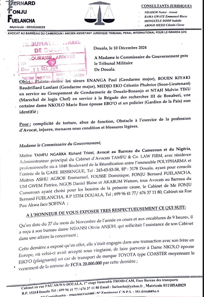 Affaire Maître TAMFU Richard contre les gendarmes.

J’informe l’opinion nationale et internationale que mes Avocats ont déposés formellement une plainte pour mon compte auprès du Commissaire du Gouvernement près le Tribunal Militaire de Douala. 
Vous serez informé des suites…