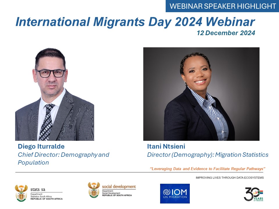 StatsSA's tweet photo. #ZAMigration || Meet Diego Iturralde, Chief Director of Demography and Population, and Itani Ntsieni, Director of Migration Statistics. Theyโll discuss how data can help shape regular migration pathways.
#StatsSA #InternationalMigrantDay #MigrationMatters #GovZAUpdate https://t.co/ZTaB5VQDf4