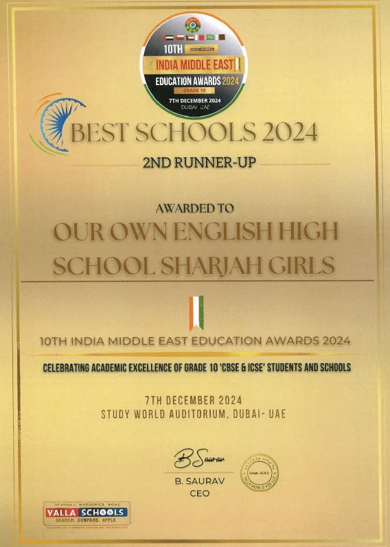 OOS (@ourownshj) on Twitter photo Proud Moment! Our Own English High School Sharjah (Girls) shines as 2nd Runner-Up in the Best School Category at the 10th India Middle East Education Awards 2024. Kudos to our students and teachers for this remarkable achievement! #OOS #ExcellenceInEducation <a href="/shjspea/">هيئة الشـارقة للتعليم الخاص</a> Proud Moment! Our Own English High School Sharjah (Girls) shines as 2nd Runner-Up in the Best School Category at the 10th India Middle East Education Awards 2024. Kudos to our students and teachers for this remarkable achievement! #OOS #ExcellenceInEducation <a href="/shjspea/">هيئة الشـارقة للتعليم الخاص</a>