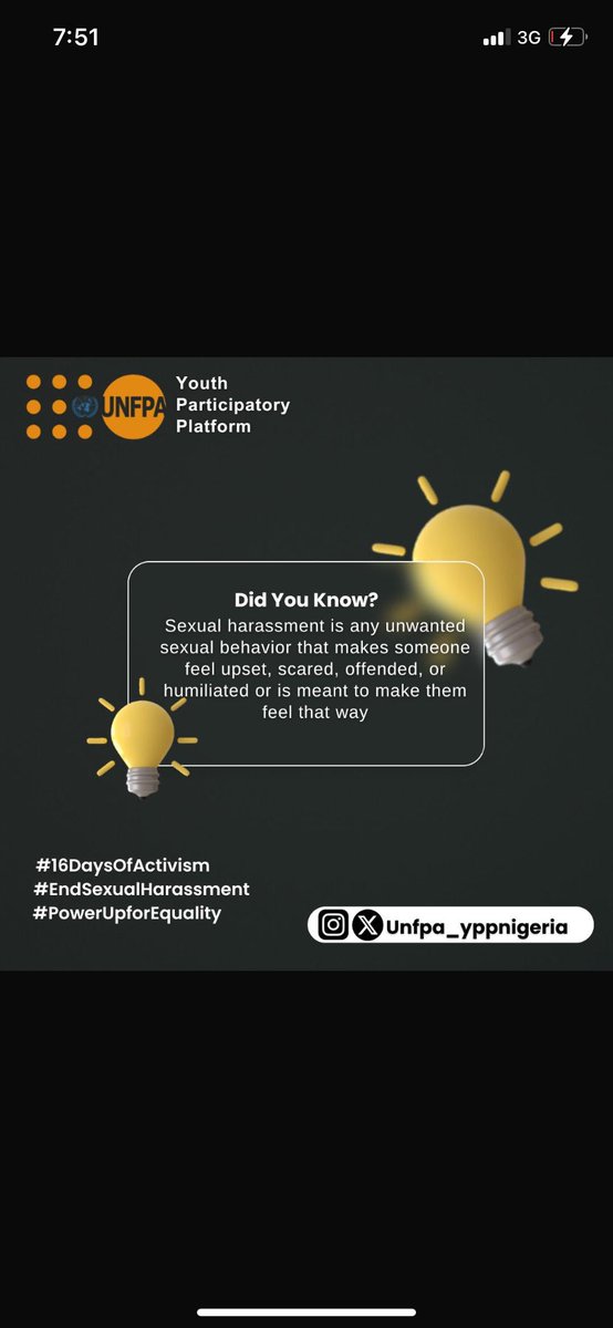 Agnes Edor (@edoragnes) on Twitter photo Have you ever experienced any inappropriate sexual behaviour or remarks from someone? Or unwanted physical advances at workplace or social situation ?
Did you know that is Sexual Harassment ??
#PowerUpForEquality
#EndSexualHarassment
<a href="/UNFPANigeria/">UNFPA Nigeria</a> <a href="/UnfpaYPPNigeria/">UNFPA Youth participatory Platform, NIGERIA</a> Have you ever experienced any inappropriate sexual behaviour or remarks from someone? Or unwanted physical advances at workplace or social situation ?
Did you know that is Sexual Harassment ??
#PowerUpForEquality
#EndSexualHarassment
<a href="/UNFPANigeria/">UNFPA Nigeria</a> <a href="/UnfpaYPPNigeria/">UNFPA Youth participatory Platform, NIGERIA</a>