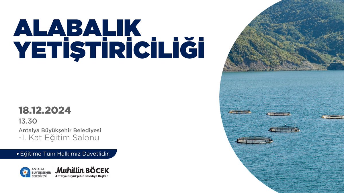 Antalya Büyükşehir Belediyesi olarak üreticilerimize yönelik eğitimlerimiz devam ediyor. 🐟

Alabalık Yetiştiriciliği Eğitimi'mize tüm halkımız davetlidir.

🗓️ 18 Aralık 2024
⏰ 13.30
📍Antalya Büyükşehir Belediyesi -1. Kat Eğitim Salonu
☎️ 0242 345 00 14