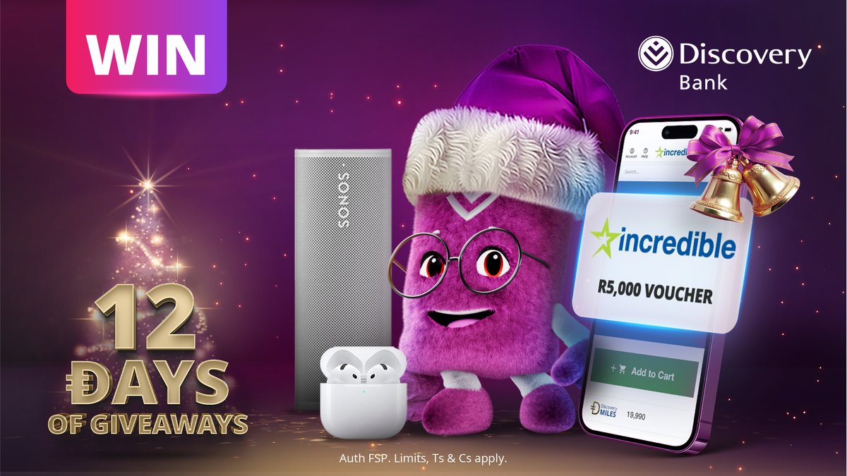 🥁… 12 days, 12 prizes, and a finale to remember! Win a R5,000 Incredible voucher and turn your tech dreams into reality.  🎮🎧 
Tell us why Ðiscovery Miles are incredible! Use #DiscoveryBestBank and #12daysofgiveaways to enter. 
Ts&amp;Cs apply.