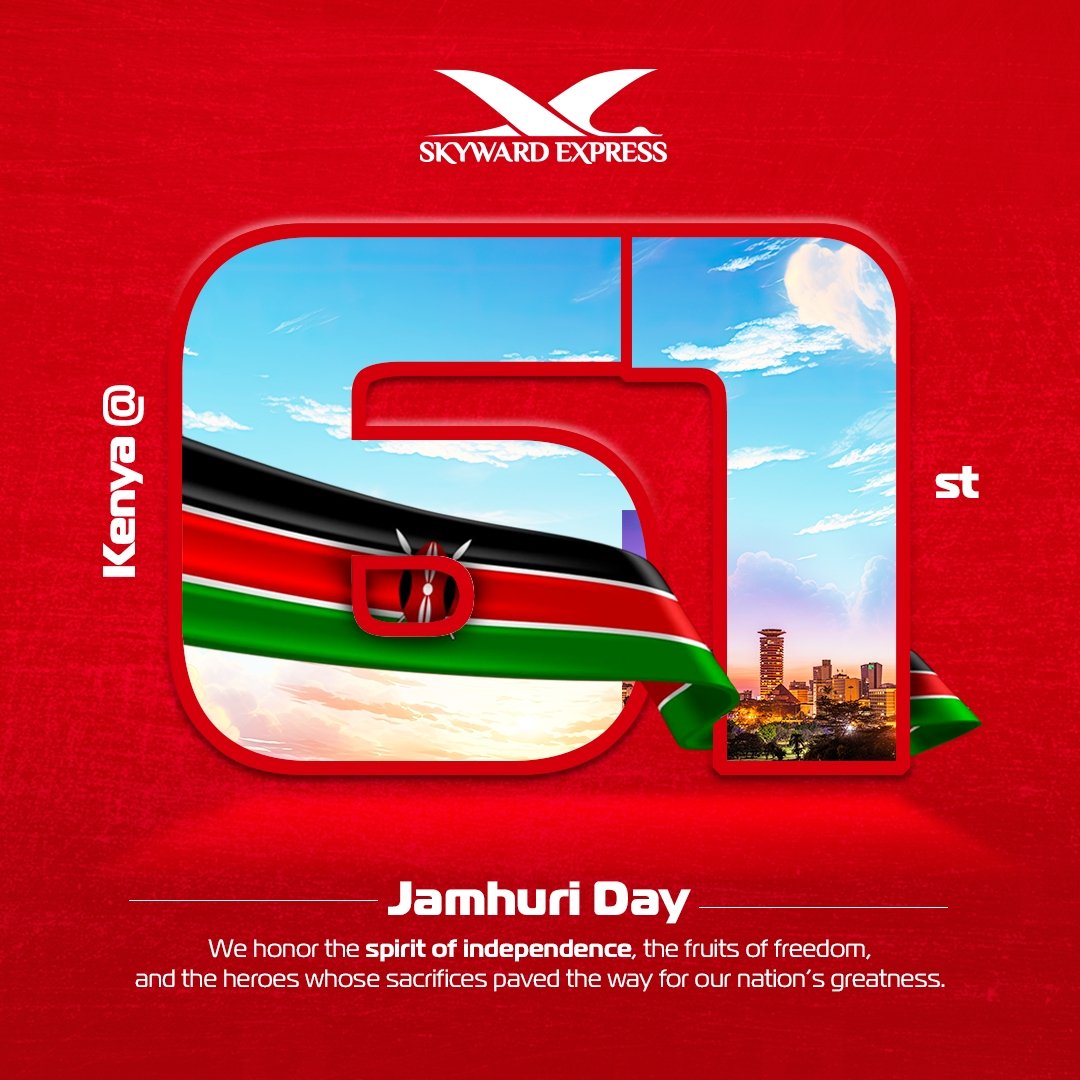 SkywardAirline's tweet photo. Wishing you a day filled with joy and fulfilment as we celebrate the fruits of independence.
Happy Jamhuri Day!
#flyskywardexpress #limitlesssky #jamhuriday #independenceday https://t.co/WgLqqq6KXs