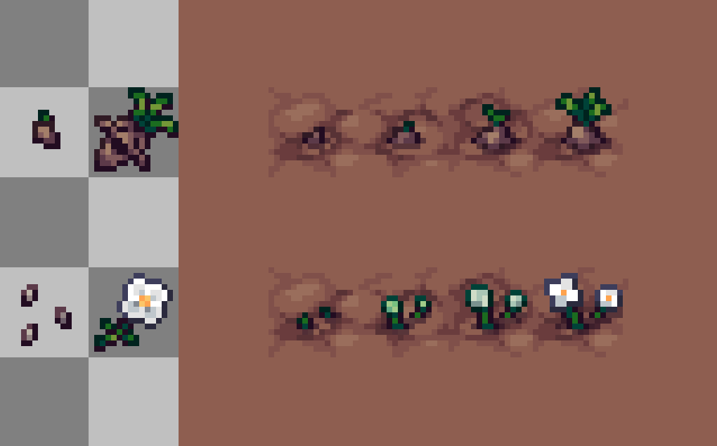 Zsprites's tweet image. Two more alchemy plants, Mandrake and White Poppy. I'm still not sure if I have the shading right on these, so I'll have to learn how to draw plants better. If anyone has any tips please let me know! #pixelart #Alchemy #plants