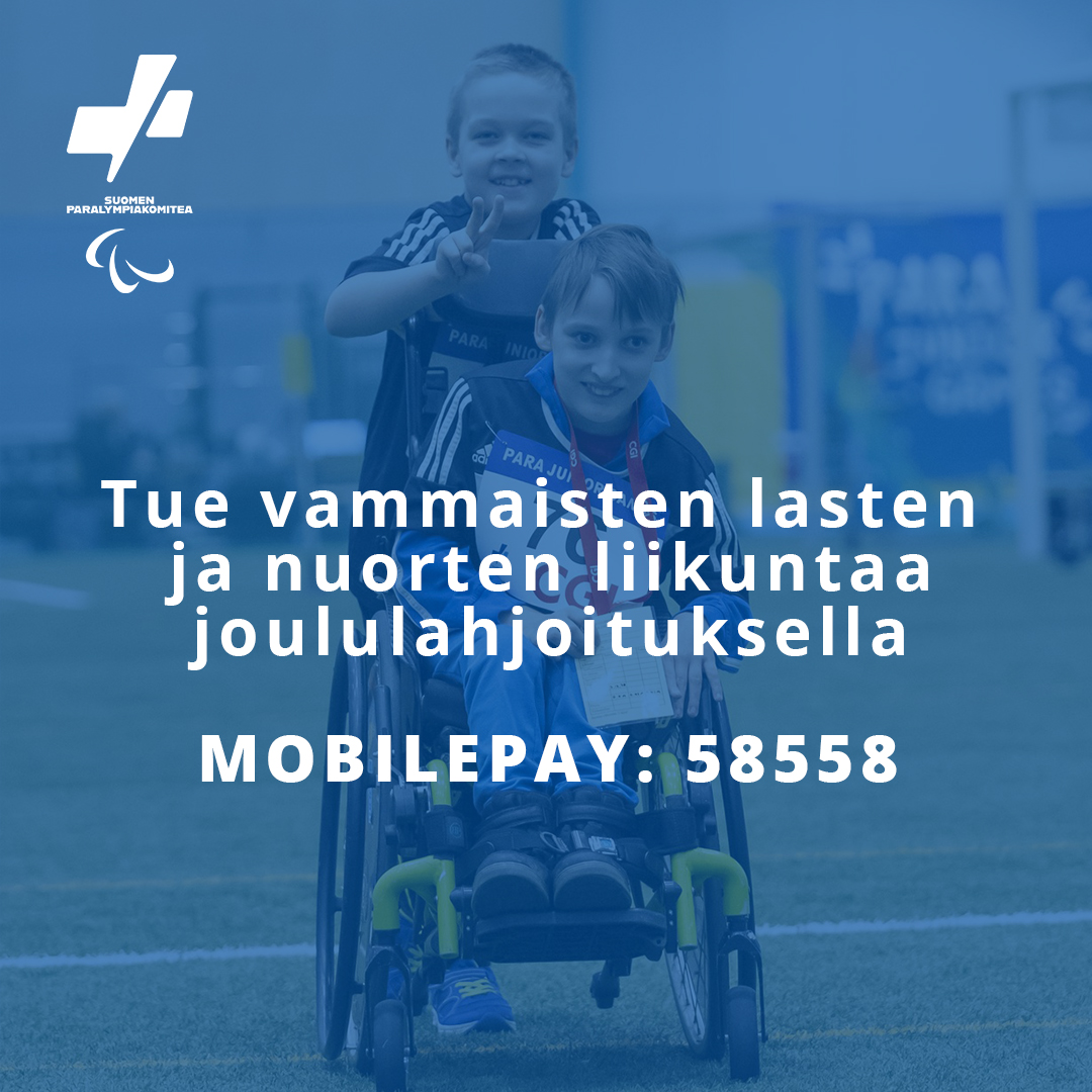 Peräti 65% toimintarajoitteisista lapsista ja nuorista haluaisi harrastaa liikuntaa nykyistä enemmän.

Lahjoita tänä jouluna vammaisten lasten ja nuorten urheilemiseen ja liikunnan harrastamiseen vapaavalintainen summa Mobile Paylla numeroon: 58558 

Parasta joulua💙

#Paranuoret