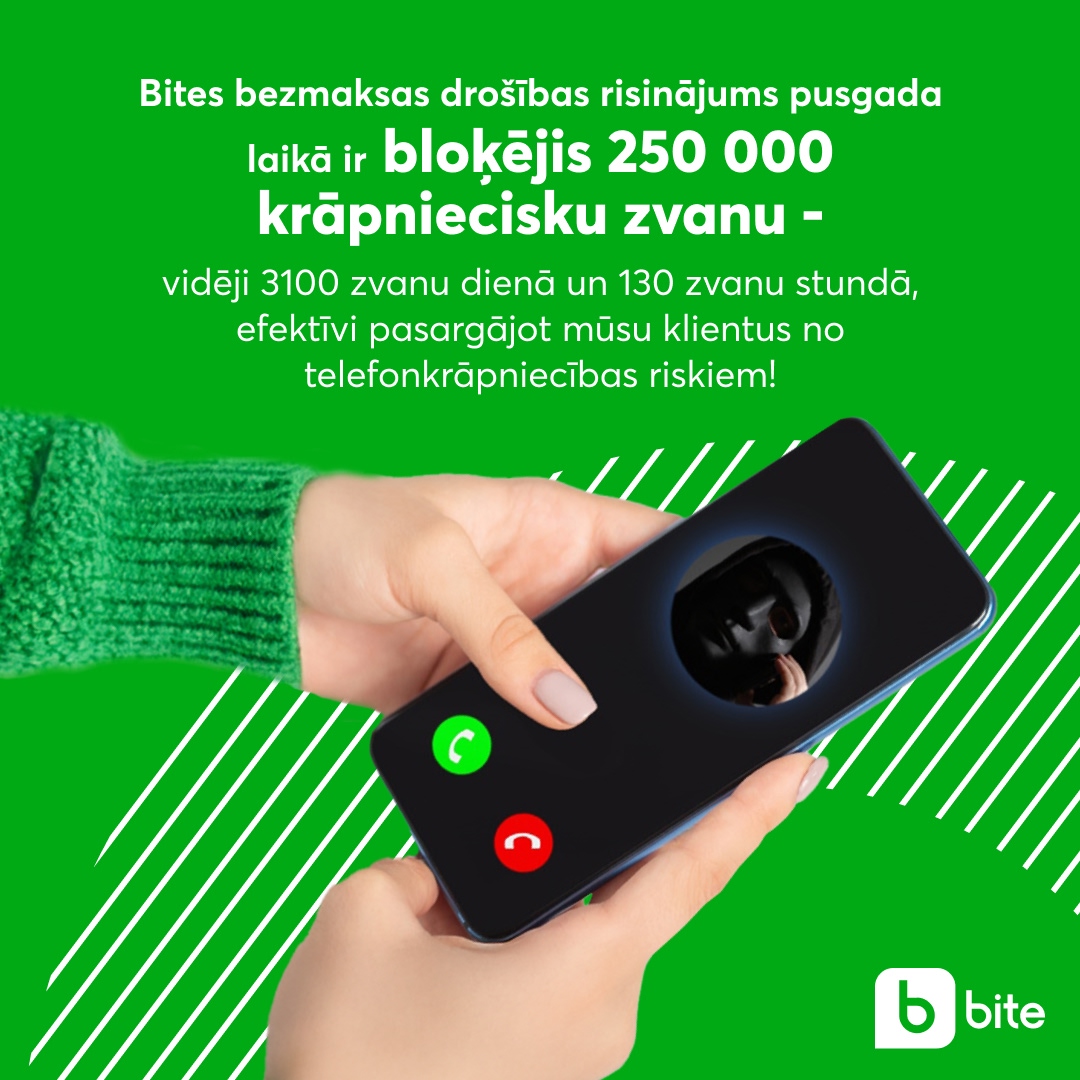 📈📞 Telefonkrāpnieku aktivitāte Latvijā turpina pieaugt, taču mūsu klienti ir pasargāti – kopš maija, pateicoties ieviestajam bezmaksas drošības risinājumam, Bites tīklā esam bloķējuši jau 250 tūkstošus krāpniecisku zvanu!

💬 “Bites ieviestais drošības risinājums būtiski