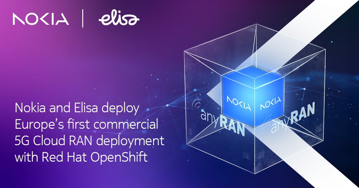 We have successfully completed Europe's first commercial #CloudRAN deployment with our long-term partner <a href="/ElisaOyj/">Elisa</a>, a leading mobile operator in Finland, building on our flexible #anyRAN approach. Read the press release:  nokia.ly/4iyB8Mo