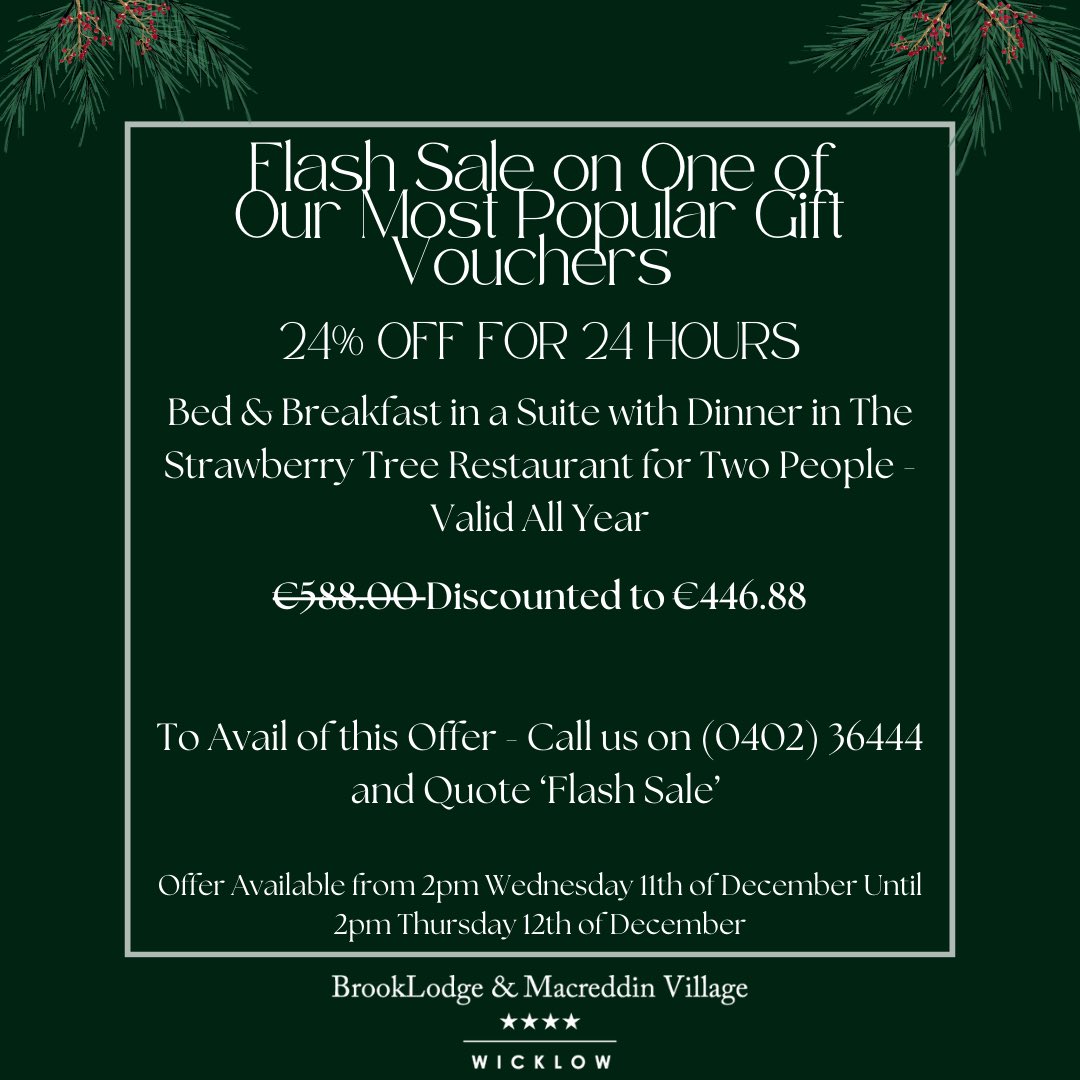 Our 24% OFF for 24hrs finishes today at 2pm (Thursday 12th). Call the Crew on 0402-36444 to book your voucher #ChristmasGifts #MacreddinVillage #BrookLodge #Wicklow 🎁🎄